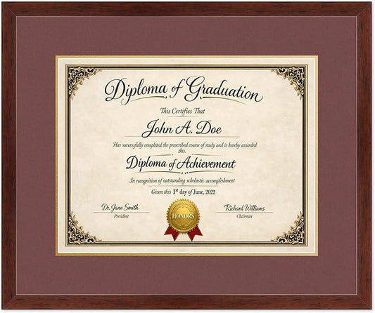 Diploma Frame Rustic Walnut with Dark Red Over Gold Double Mat - Fits 17 x 13 International Diploma Wall Display Made in the USA