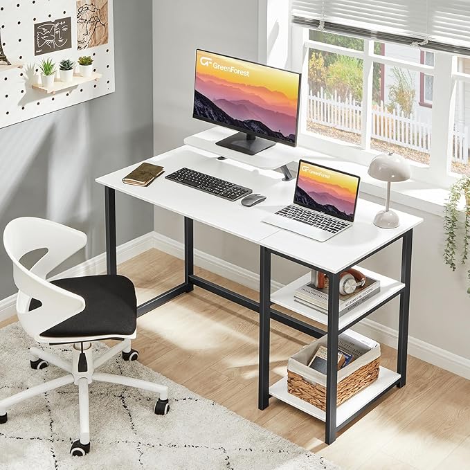 GreenForest Computer Desk with Monitor Stand,47 inch Home Office Desk with Reversible Storage Shelves,Modern Writing Desk Study PC Laptop Work Table,White