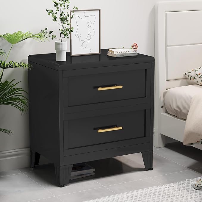26.42" Tall Dresser for Bedroom 2 Drawers, Metal Dresser Chest of Drawers, Metal NightStand, Circular Drawer Cabinet for Home,Filing Cabinet with Drawers for Office (Black)