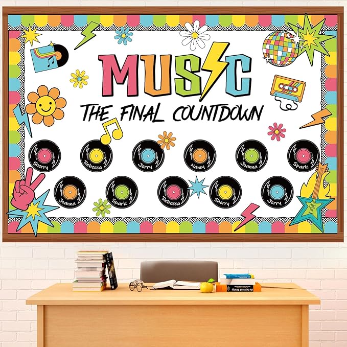 Pajean Music Bulletin Board Retro Groovy Record Classroom Decorations Music Note Flower The Final Countdown Cutouts for Back to School First Day Door Wall Window Chalkboard Supplies