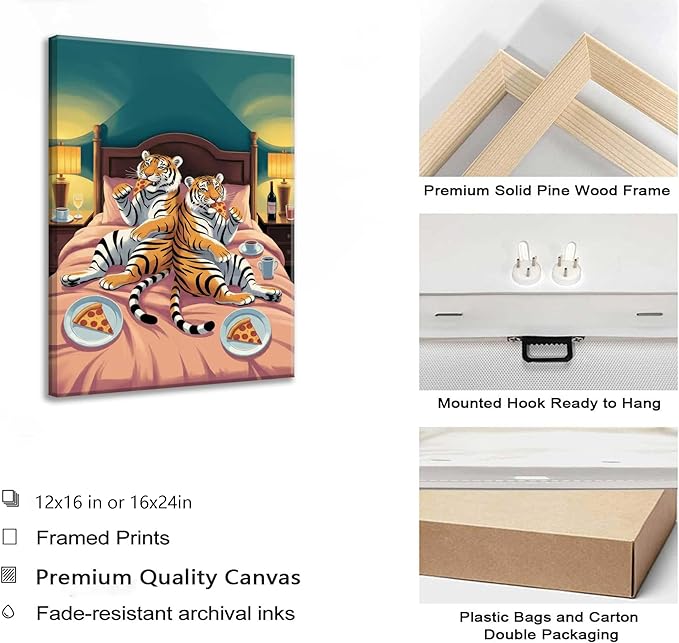 Funny Tiger Canvas Wall Art Fun Tiger Couple Enjoying Pizza In Bed Wall Decor Whimsical Animal Pictures Painting Humorous Decoration Poster Print for Quirky Bedroom Living Room Dining Hall Framed