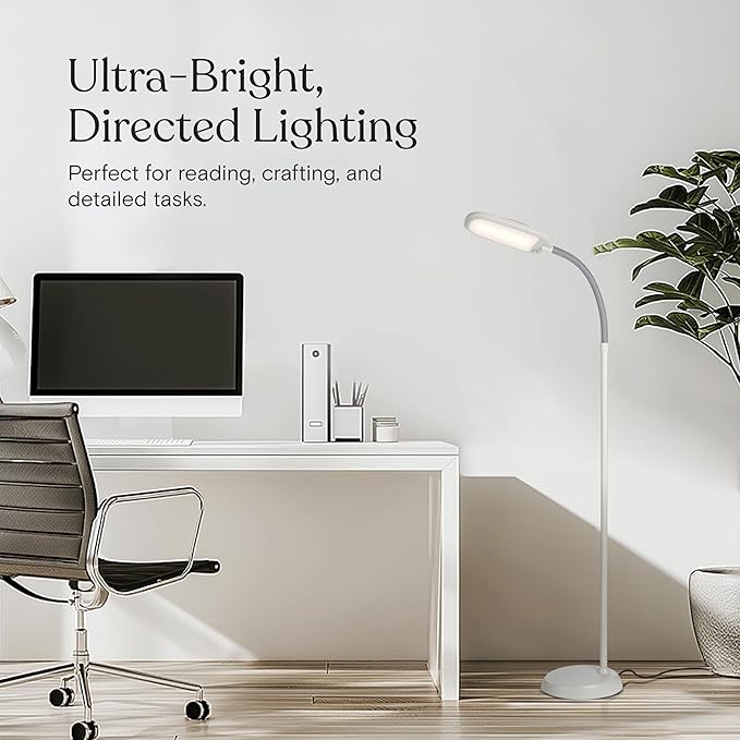 Brightech Litespan LED 2nd Edition Reading Floor Lamp with Cool, Soft & Warm White LED's - Built-in Dimmer - Adjustable Design Pivots in Any Direction - Energy Saving 12 Watts - Alpine White