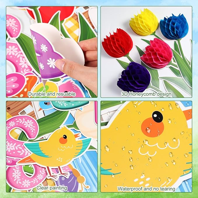 Pajean Welcome Spring Bulletin Board Set 3D Honeycombs Tulip Flower Classroom Decorations Floral Bird Butterfly Cutouts for Wall Door Decor Spring Easter Classroom Birthday Party Supplies