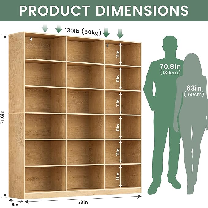 Natural Bookcase with Open Display Shelves, Large Triple Wide Bookshelf, 71.6” Tall 6 Tier Book Case for Living Room, Home Office, Library Bookshelf 2PCS