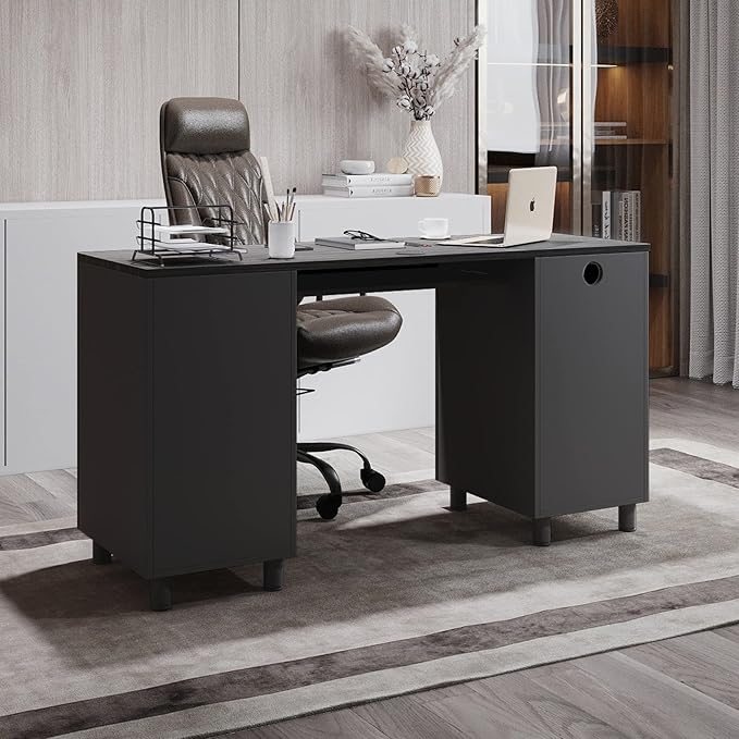 Modern Design Venice Computer Office Desk with 3 Locking Drawers and Storage Cabinet, 53 Inch Home and Office Executive, Black and Grey Desk with with Keyboard Tray by Crafts and Comfort