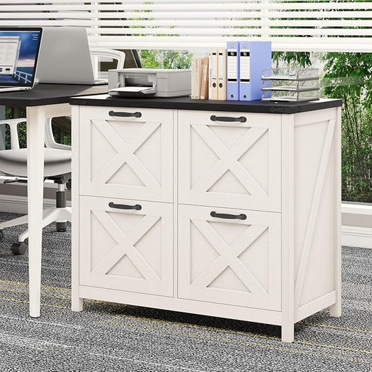 Farmhouse File Cabinet, Lateral Filing Cabinet with 4 Drawers for Letter/A4 Size Hanging Files, Wooden Printer Stand File Storage Cabinet for Home Office Cabinets, White and Black