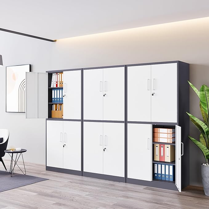 MIIIKO Metal Storage File Cabinet with 4 Doors, Steel Storage Cabinet with Locking Doors and 5 Shelves, for Home Office, Hospital, Garage, Commercial Storage