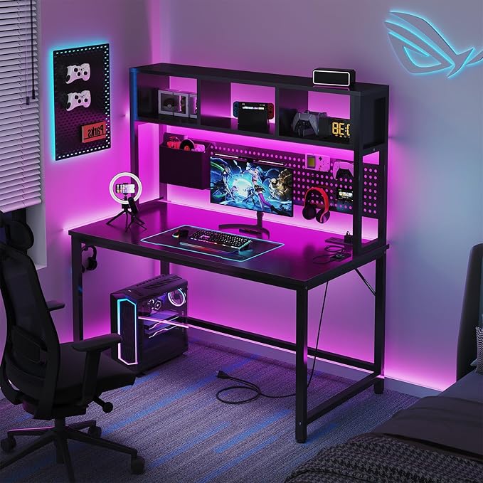 DLisiting Black Gaming Desk with Hutch and Pegboard - 47 Inch Gaming Desk with Shelves Storage Power Outlets, Computer Teen Work Study Writing Desks for Bedroom Home Office