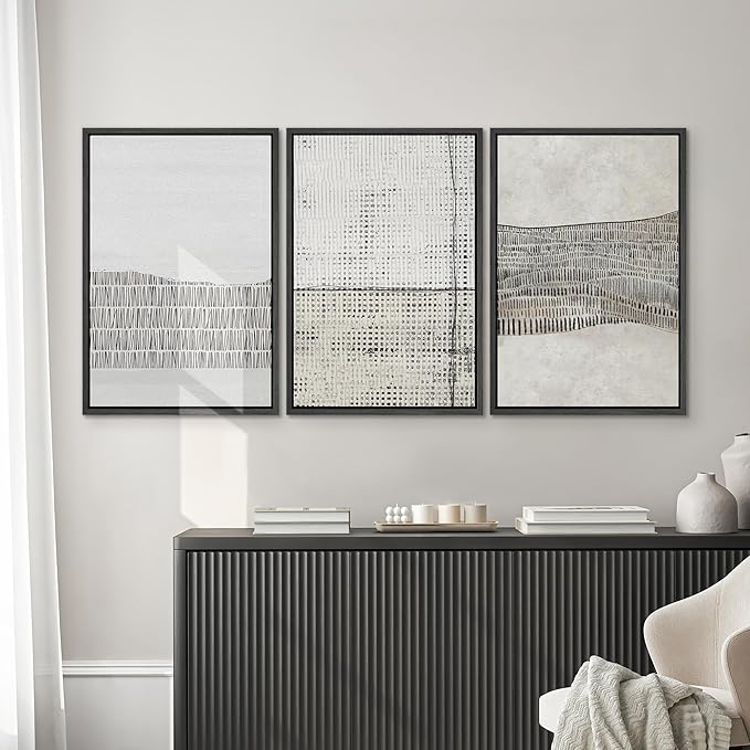 SIGNWIN Framed Canvas Print Wall Art Set Grunge Black Tan Line Art Landscape Abstract Shapes Cozy Neutral Modern Art Decorative Contemporary Minimal for Living Room, Bedroom, Office - 16"x24"x3 Black