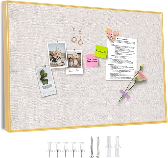 Bulletin Board with Golden Aluminum Frame, Oatmeal White Fabric Cork Board for Walls, 29.5x19.7 inches Pin Board with Push Pins for Office Home(G-AL,Fabric,5075)