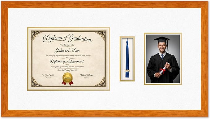 Diploma Tassel and Photo Frame Honey Oak Shadowbox Oyster Shell Over Gold Mat - Fits 11 x 8.5 Degree Picture Made in the USA