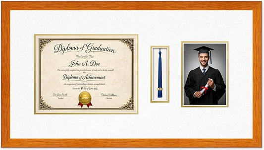 Diploma Tassel and Photo Frame Honey Oak Shadowbox Oyster Shell Over Gold Mat - Fits 11 x 8.5 Degree Picture Made in the USA