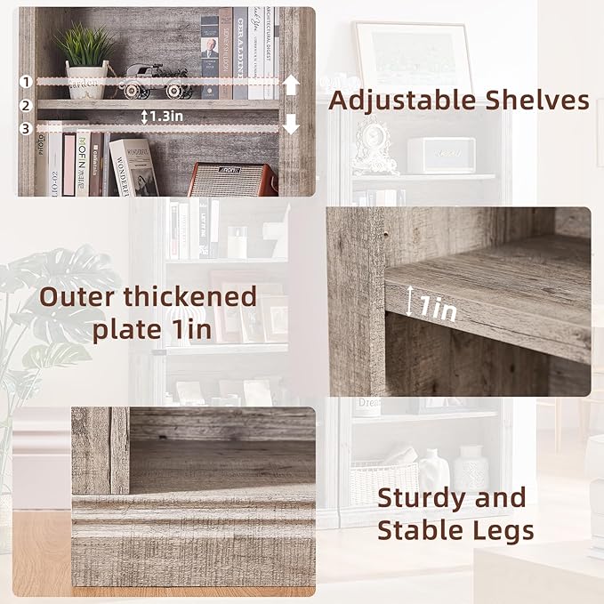 70" Grey Tall Bookshelf Set of 3,5-Tier Thick Wooden Book Shelf with Adjustable Shelves,Free Standing Farmhouse Bookcase with Open Display Storage,Floor Vintage Bookshelves for Living Room