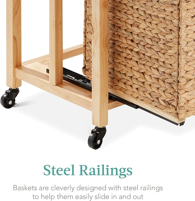 Best Choice Products Vertical Rolling File Cabinet, Multipurpose Portable Water Hyacinth Basket Organizer for Home Office, Workspace w/Rubberwood Frame, Metal Sliders, Locking Caster Wheels - Natural