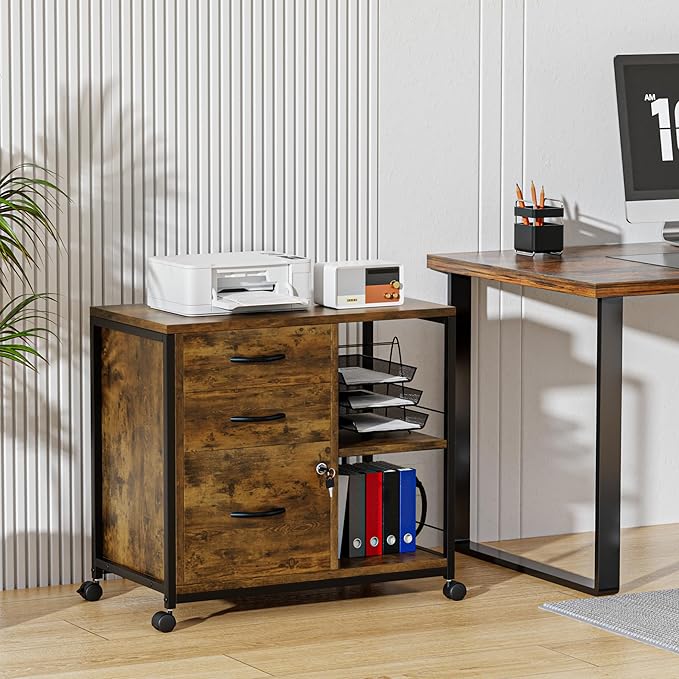 Lulive Brown 3 Drawer File Cabinet for Home Office, Lockable with USB Charging Port, Rectangular, 3 Levels, 100 Pound Weight Recommendation