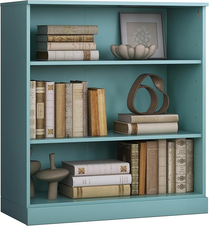 Palace Imports Solid Wood Bookcase - 3 Tier Floor Standing Bookshelf - 36" Short Storage Shelf, 32” Wide - Aqua, Display Furniture for Living Space, Renewable 100% Eco-Friendly Wood, Made in Brazil
