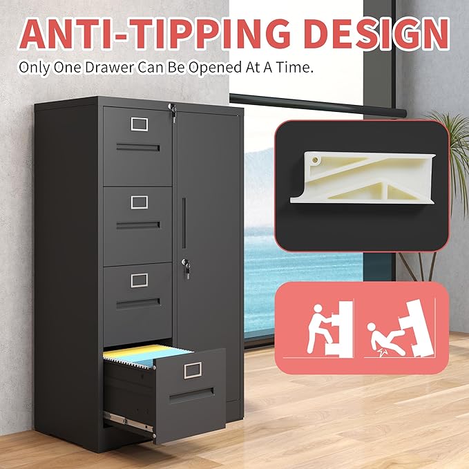 4 Drawer Black File Cabinet with 1 Door,Metal Storage Locker Cabinets for Employees,Home Office Lockable Steel Filing Cabinets for Legal/Letter Size Files, Assembly Required