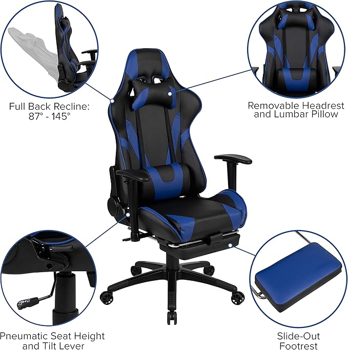 Flash Furniture X30 Gaming Chair Racing Office Ergonomic Computer Chair with Fully Reclining Back and Slide-Out Footrest in Blue LeatherSoft