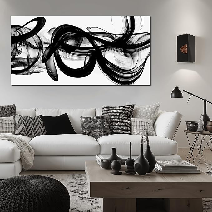 Abstract Canvas Wall Art for Living Room Large Size,Black and White Pictures for Wall.Black Home Office Wall Decor Ready to Hang 29 x 58 Inch