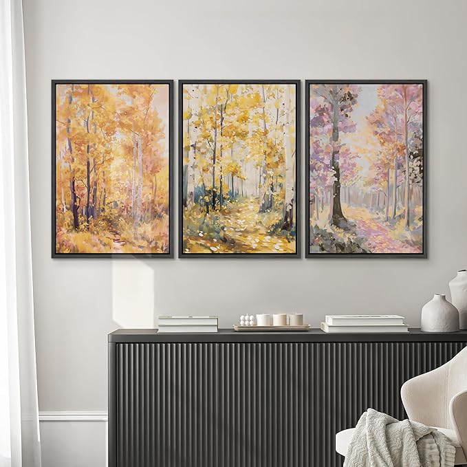 SIGNWIN Framed Canvas Print Wall Art Set Golden Autumn Forest Watercolor Woodland Path Illustrations Modern Art Decorative Abstract for Living Room, Bedroom, Office - 24"x36"x3 Black