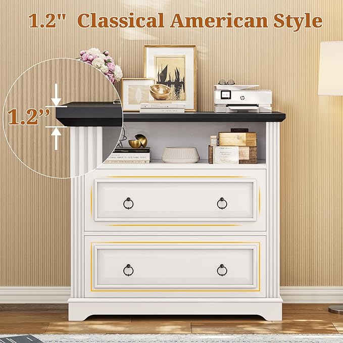 Itaar 2 Drawer File Cabinet, Farmhouse Filing Cabinet for Home Office Fits Letter, Legal, A4 Size, Wood Lateral File Cabinet with Printer Stand, Storage Shelf, White