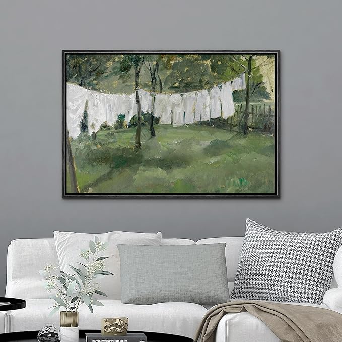 MUDECOR Framed Canvas Print Wall Art White Laundry Hanging in Garden Rustic Countryside Illustrations Minimalism Decorative Relax Colorful for Living Room, Bedroom, Office - 24"x36" Black
