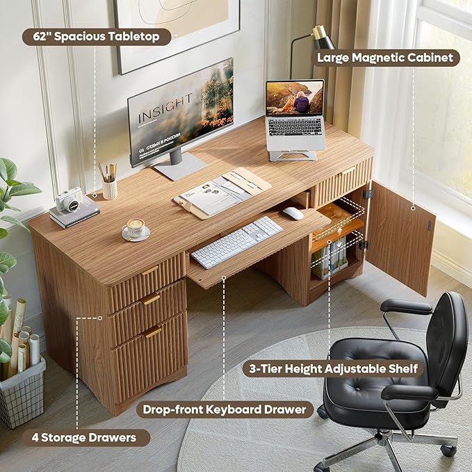 Bestier 63 Inch Fluted Executive Desk with Drawers, Wood Computer Desk with Ample File Drawer, Keyboard Tray & Storage Cabinet, Modern Home Office Desk for Study, Bedroom, Living Room, Brown