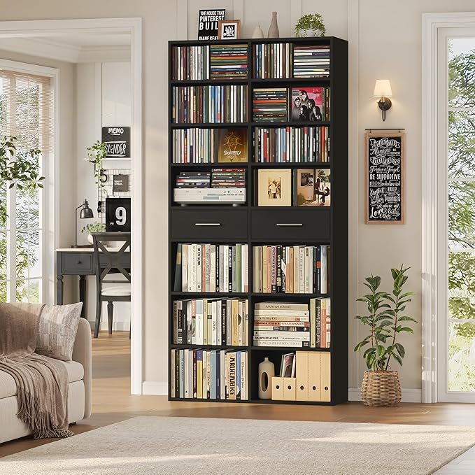 HOSTACK 73" Tall Bookshelf with Drawers, 7-Tier Black Bookshelf with Storage, Double Wide Bookcase with 14 Open Book Shelves, Wood Book Case with Adjustable Shelves for Media CD DVD Storage, Black