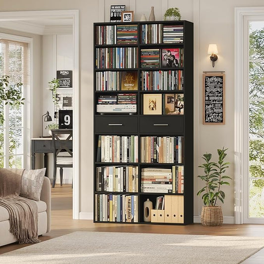 HOSTACK 73" Tall Bookshelf with Drawers, 7-Tier Black Bookshelf with Storage, Double Wide Bookcase with 14 Open Book Shelves, Wood Book Case with Adjustable Shelves for Media CD DVD Storage, Black