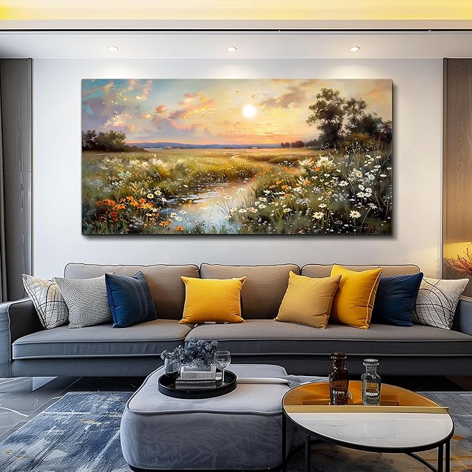 hyidecorart Large Canvas Wall Art for Living Room Wall Decor Bedroom Vintage Farmhouse Wildflower Wall Painting Office Decorations Nature Landscape Picture Artwork Aesthetic Home Decor Ready To Hang