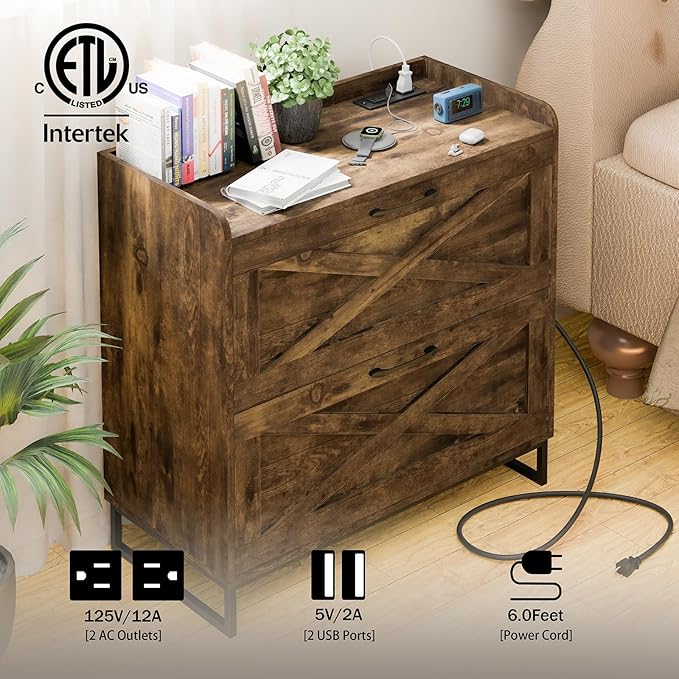 Vabches Lateral File Cabinet 2 Drawer File Cabinet with Charging Station for Legal/Letter/A4 Size Hanging Files, Large Wood File Storage Cabinets Printer Stand for Home Office, Rustic Brown