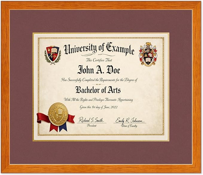 CountryArtHouse Diploma Frame Fits 15 x 12 Military/Government - Keepsake Graduation Display Honey Oak Genuine Hardwood with Dark Red Over Metallic Gold Double mat