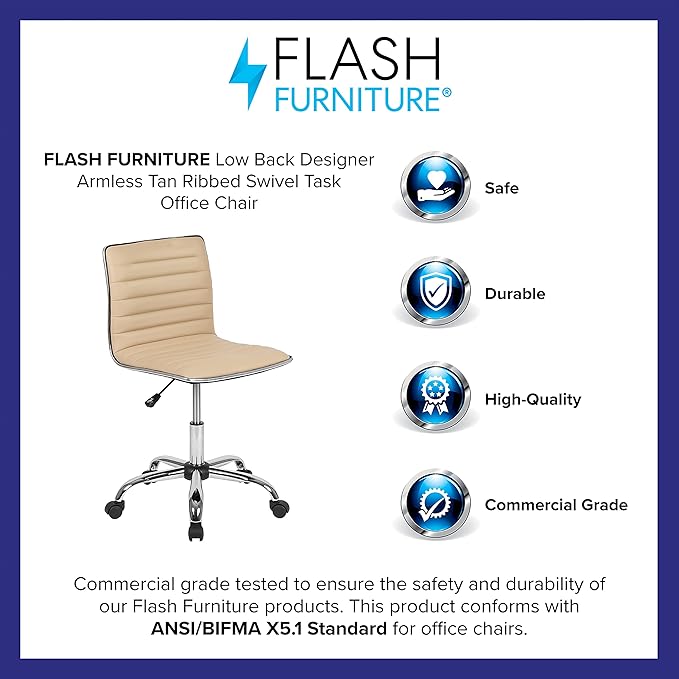Flash Furniture Alan Low Back Designer Armless Tan Ribbed Swivel Task Office Chair