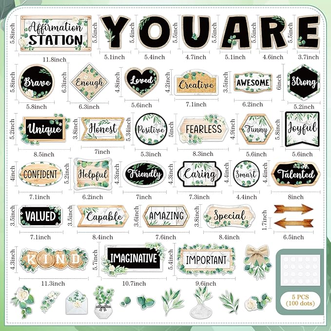 45 Pcs Eucalyptus Affirmation Station Bulletin Board Set Motivational Posters Classroom Mirror Growth Mindset Decor Positive Affirmations Accents Cutouts for School Office Home Teacher Wall