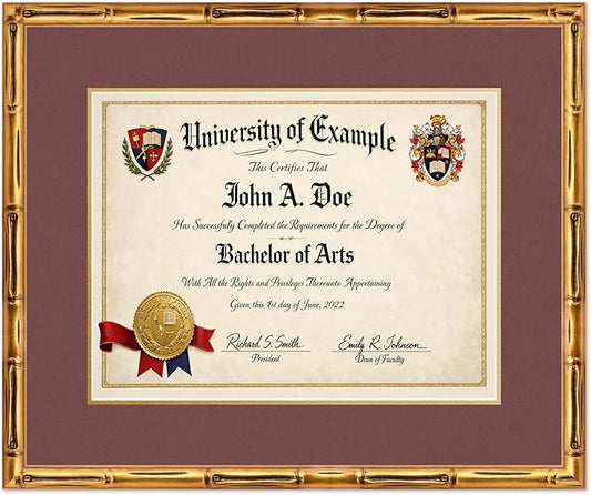 CountryArtHouse Diploma Frame Fits 17 x 13 International Diploma - Keepsake Graduation Display Gold Bamboo Genuine Hardwood with Dark Red Over Metallic Gold Double mat