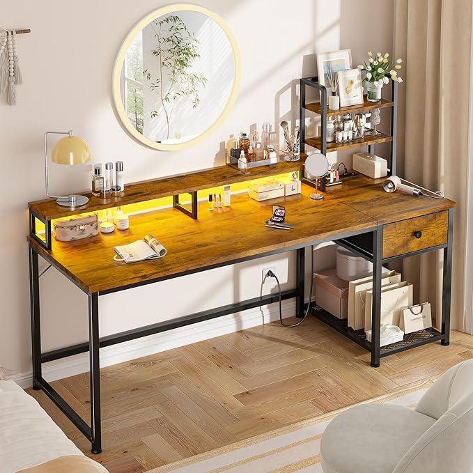 EnHomee 55 Inch Computer Desk with Hutch and Drawers,Reversible Home Office Desk with Monitor Shelf,Gaming Desks with USB Power Outlets,Writing Gaming Table for Office with LED Lights,Rustic Brown