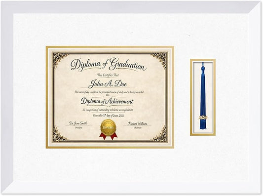 Diploma Frame with Tassel Holder Bright White Shadowbox Oyster Shell Over Gold Mat - Fits 10 x 8 Degree Made in the USA