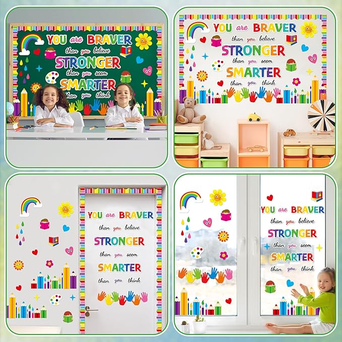 gisgfim Colorful Handprint Bulletin Board Decorations Set Welcome Back to School Classroom Pencil Braver Stronger Smarter Paper Cutouts Motivational Bulletin Board Decor for Nursery Chalkboard Wall