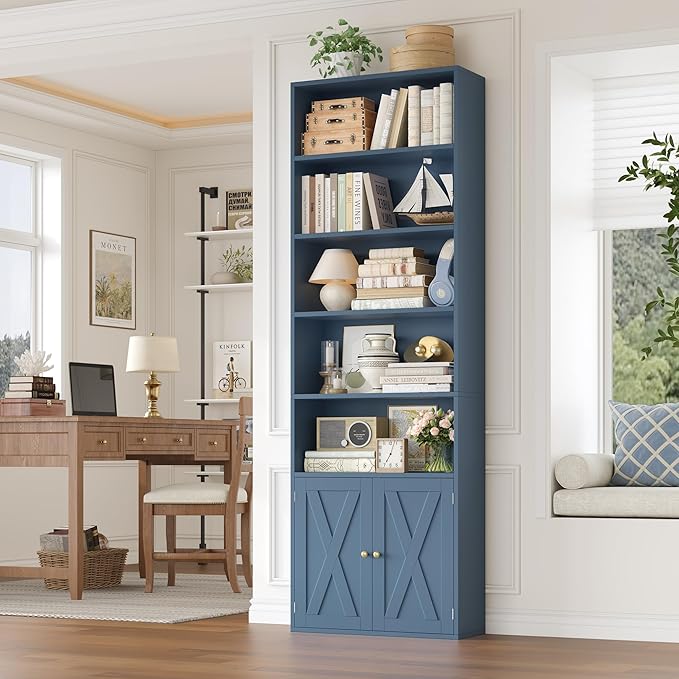 FACBOTALL 82" Tall Bookcase and Book Shelf, 24" Wide Bookshelf with Doors, 7 Tier Bookcase with Storage and Adjustable Shelf, Open and Display Farmhouse Bookshelf for Living Room, Home Office, Blue
