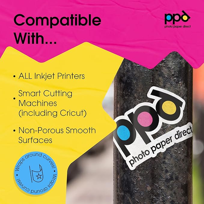 PPD Premium Printable Vinyl Sticker Paper for Inkjet Printer - 50 Sheets Matt Sticker Paper 8.5 x 11 - Self-Adhesive, Waterproof, Tear Resistant, Instant Dry - PPD-38-50