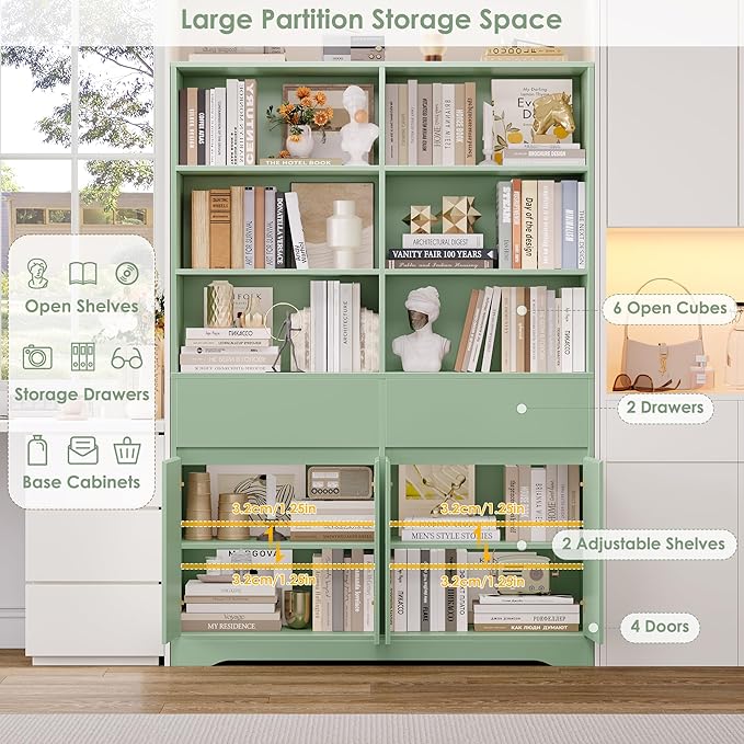 FINETONES 69" Green Bookshelf with Doors, 47.2" Double Wide Bookshelves and Bookcases with Storage, Tall Bookshelf Large Open Book Shelf Standing Book Case for Home Office, Green