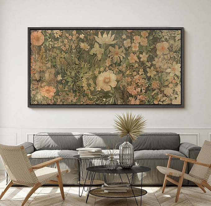 SIGNFORD Extra Large Framed Canvas Botanical Garden in Muted Earth Tones Vintage Floral Illustrations Modern Art Calm Warm for Living Room, Bedroom, Office - 60"x30"