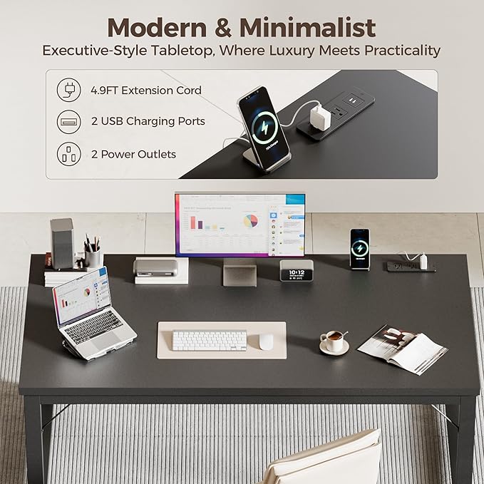 Mericonia 48 Inch Computer Desk with Power Outlets, 1.2" Thick Heavy Duty Industrial Office Desk, Modern Simple Study Writing Table for Home Bedroom Workstation, Black