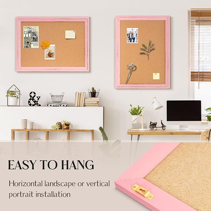 Cork Bulletin Board, 36" x 24" Corkboard for Wall, Pink Wooden Frame, Hanging Pin Board Tack Board for Home Office Decor, 10 Push Pins