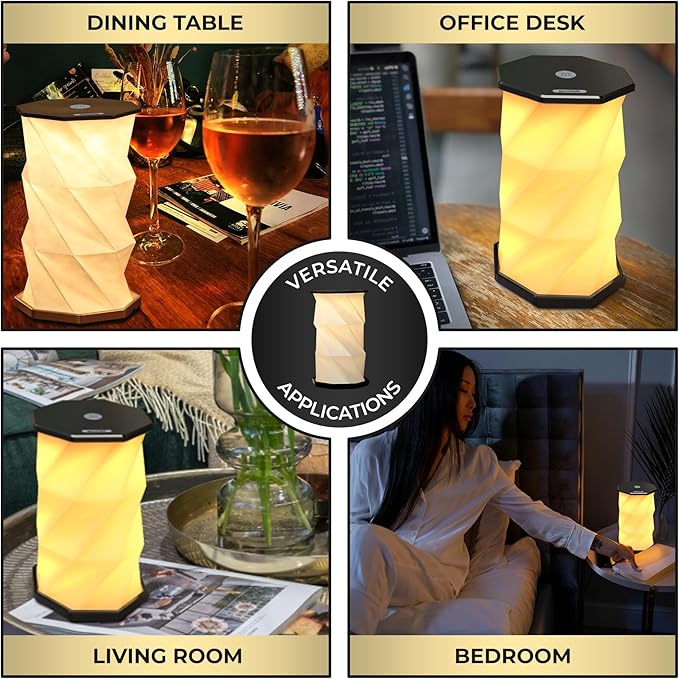 Origami Expanding Foldable LED Desk Lamp – USB Rechargeable & Portable - Dimmable Touch Control Light with Adjustable Height up to 8.25" for Office, Travel, Bedside - Sleek & Modern Design (Black)