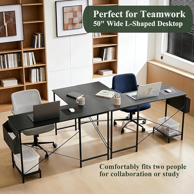 L Shaped Desk, 50 Inch Reversible Computer Desk Corner Gaming Table with CPU Stand & Storage Bag, Sturdy Metal Frame PC Workstation for Home Office