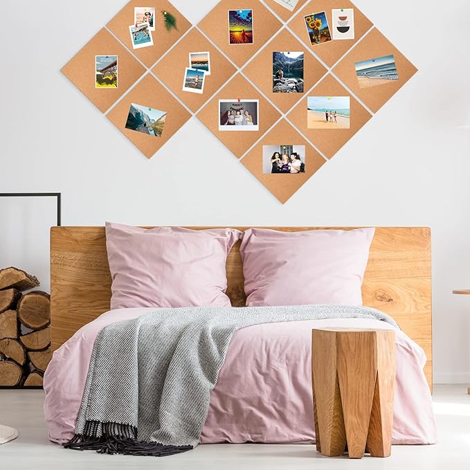 16 Pieces Cork Board Tiles 12 x 12 Square Bulletin 1/4" Thick Cork Board with 80 Self Adhesive Squares Included for Office, School and Home