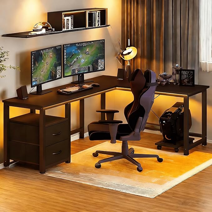 Gizoon 66" L Shaped Gaming Desk with Large Drawers, Reversible Corner Desk with Power Outlets & Moveable CPU Stand, Home Office Computer Desk, Black