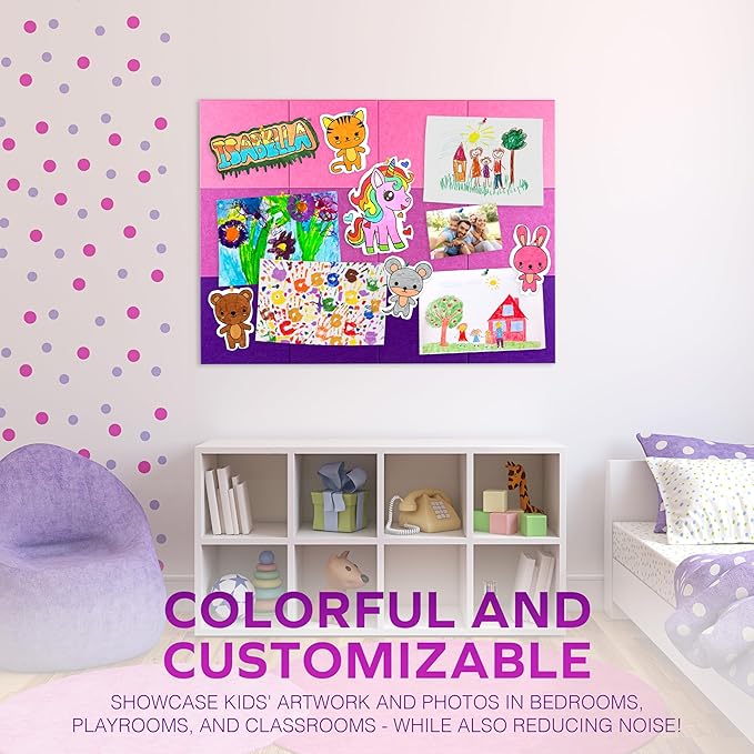 Bulletin Board 40x30in, 12 Count 9.8 x 9.8in Felt Wall Tiles with Removable Adhesive Tape, Cork Board Alternative for Walls, Wall Decor, Kids Art Display, Kids Room (Magenta Ombre Collection)