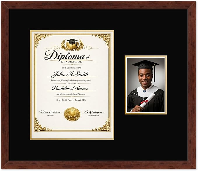 CountryArtHouse Fits 10 x 13 College Diploma (Portrait Traditional) and 5 x 7 Ph Diploma and Photo Frame Rustic Walnut Genuine Hardwood with Black Over Metallic Gold Double mat